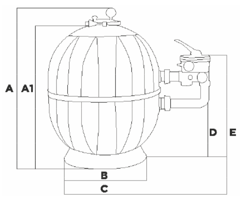 Disegno tecnico Filtro a Sabbia per Piscina TRL in polipropilene fino a 22 mc/h